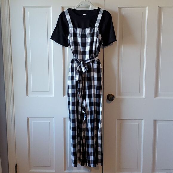 LOFT GINGHAM CHECK PLAID JUMPSUIT BLACK WHITE SIZE MEDIUM - Picture 2 of 12
